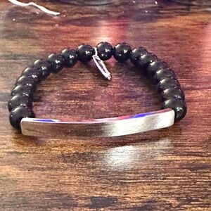 Plunder Black Beaded Stretch Bracelet with Silver Bar